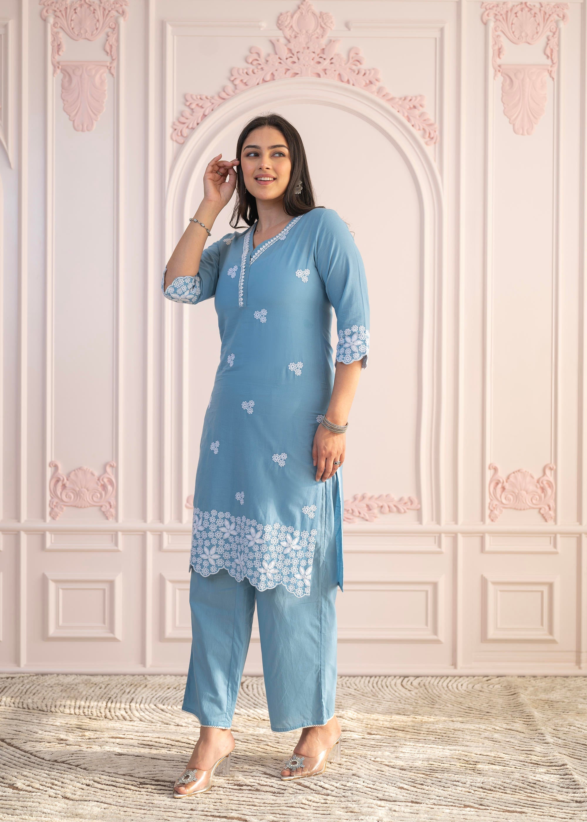 Juniper Powder Blue Embroidered Cotton Kurta With Palazzo & Lace Work - Distacart