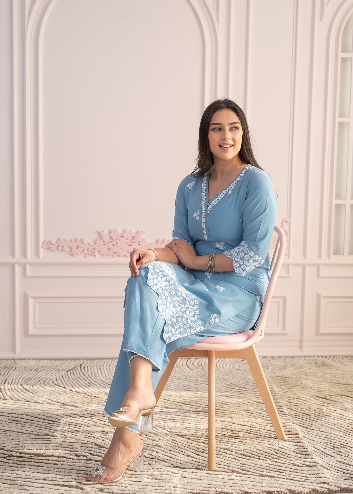 Juniper Powder Blue Embroidered Cotton Kurta with Palazzo & Lace Work - Distacart