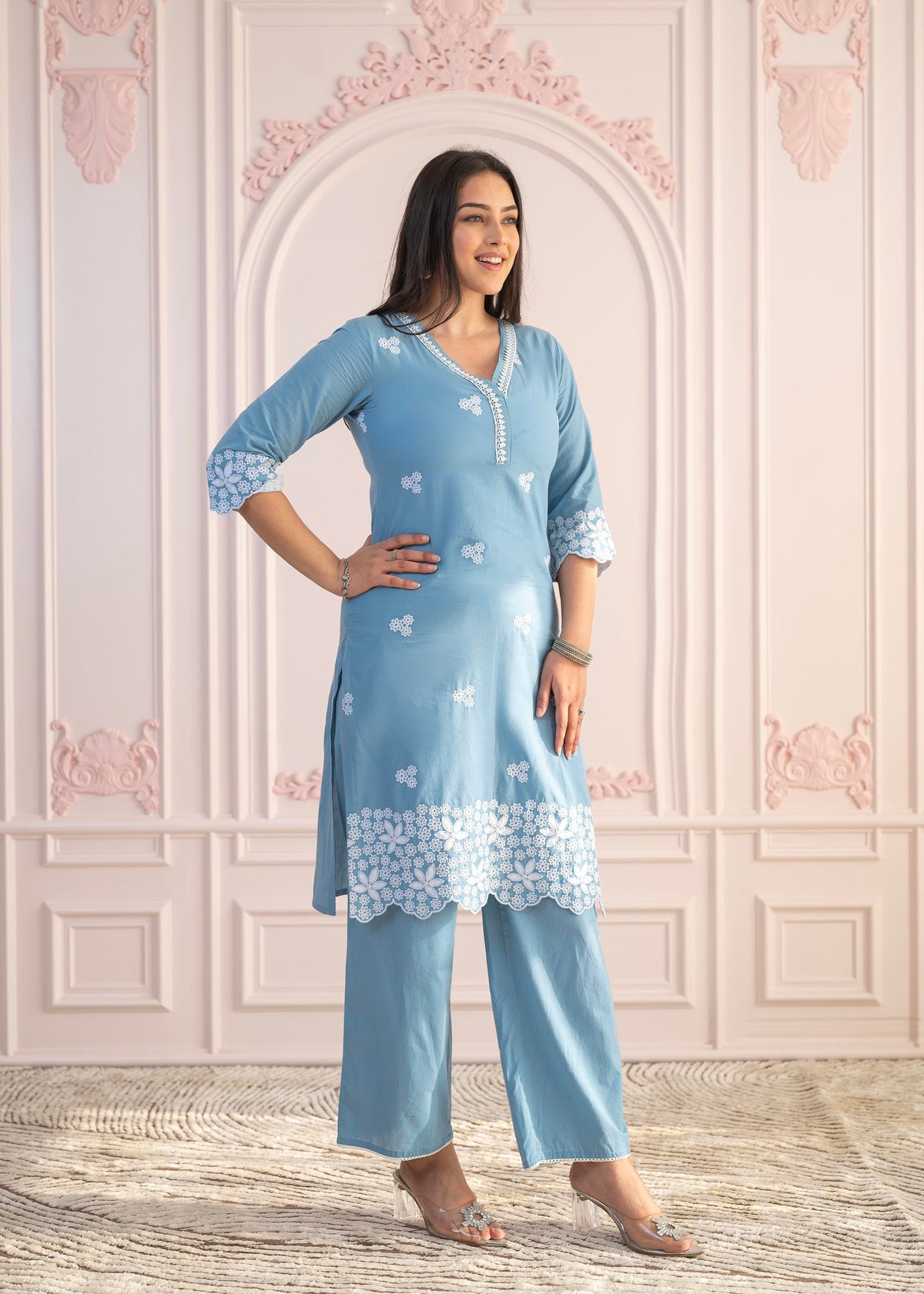 Juniper Powder Blue Embroidered Cotton Kurta with Palazzo & Lace Work - Distacart