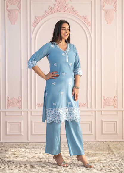Juniper Powder Blue Embroidered Cotton Kurta with Palazzo & Lace Work - Distacart