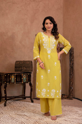 Juniper Lime Yellow Floral Embroidered Cotton Slub Kurta With Palazzo