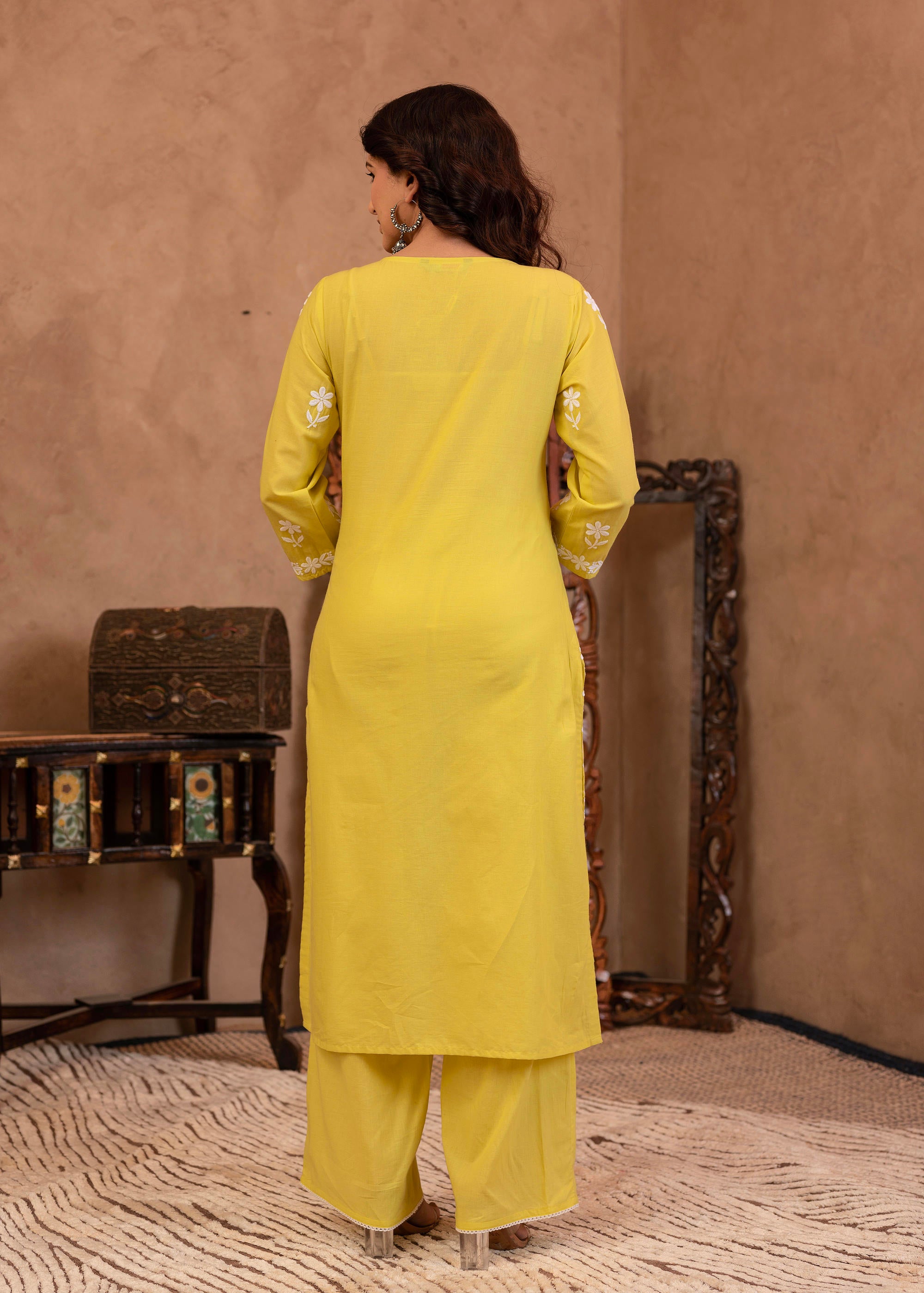 Juniper Lime Yellow Floral Embroidered Cotton Slub Kurta with Palazzo - Distacart
