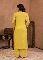 Thumbnail for Juniper Lime Yellow Floral Embroidered Cotton Slub Kurta with Palazzo - Distacart
