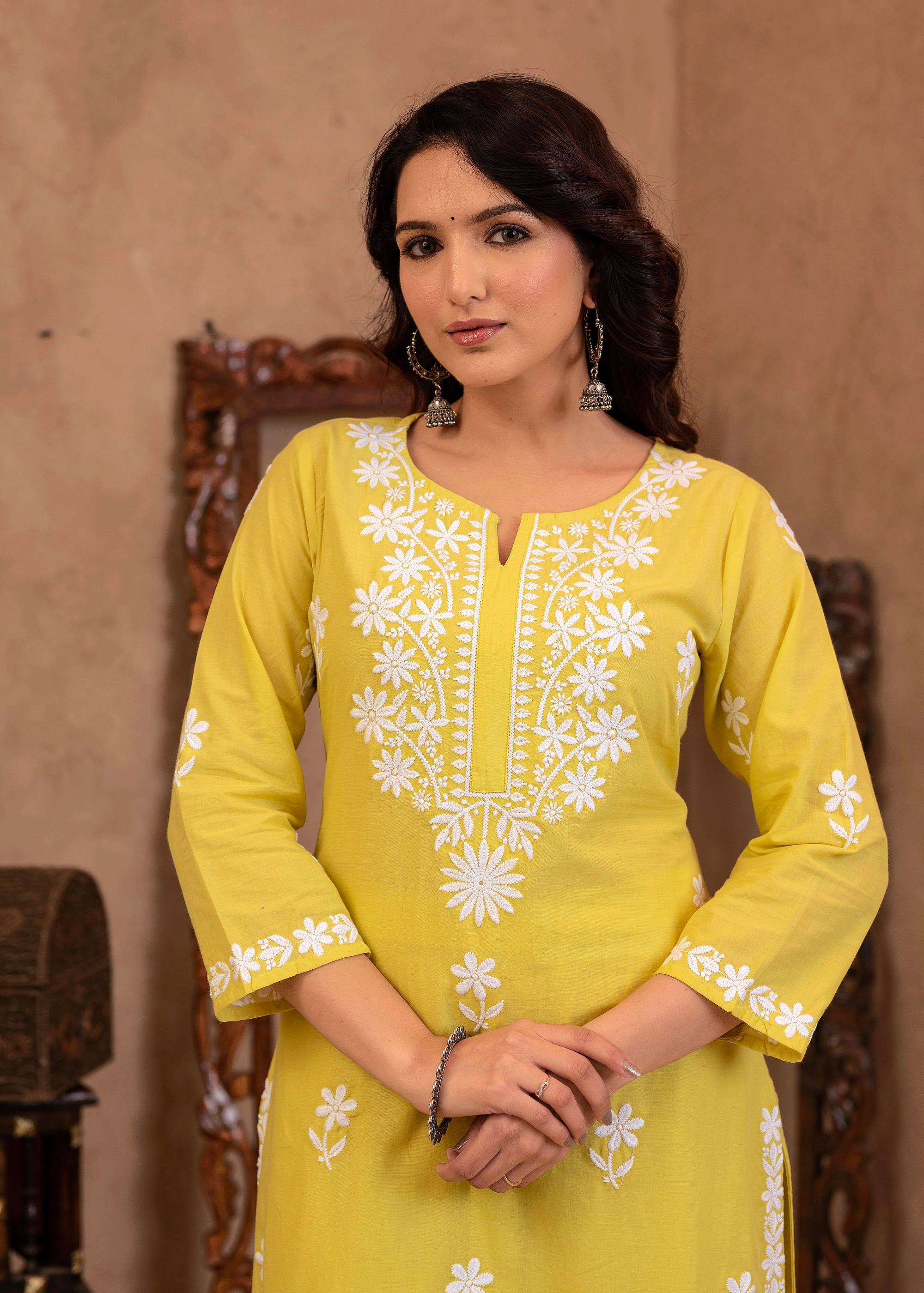 Juniper Lime Yellow Floral Embroidered Cotton Slub Kurta with Palazzo - Distacart