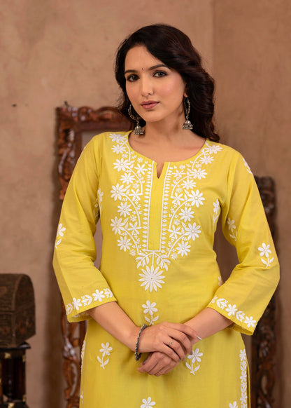 Juniper Lime Yellow Floral Embroidered Cotton Slub Kurta with Palazzo - Distacart