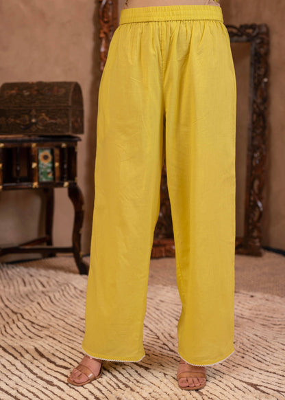 Juniper Lime Yellow Floral Embroidered Cotton Slub Kurta with Palazzo - Distacart