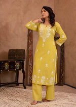 Thumbnail for Juniper Lime Yellow Floral Embroidered Cotton Slub Kurta with Palazzo - Distacart