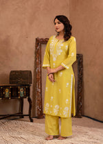 Thumbnail for Juniper Lime Yellow Floral Embroidered Cotton Slub Kurta with Palazzo - Distacart