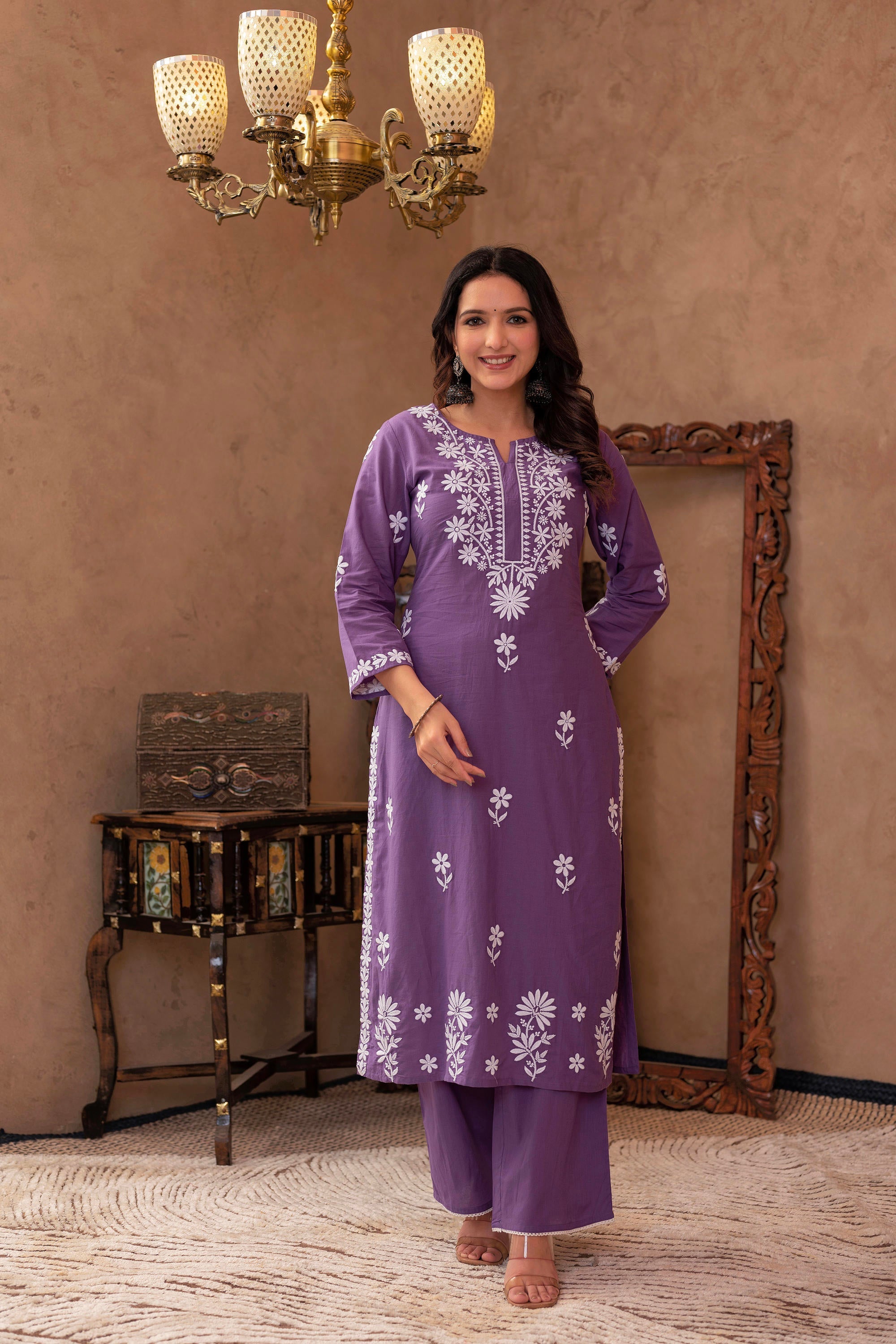 Juniper Purple Embroidered Cotton Kurta with Palazzo - Distacart