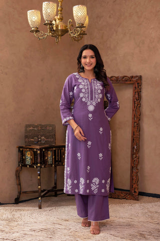 Juniper Purple Embroidered Cotton Kurta with Palazzo - Distacart