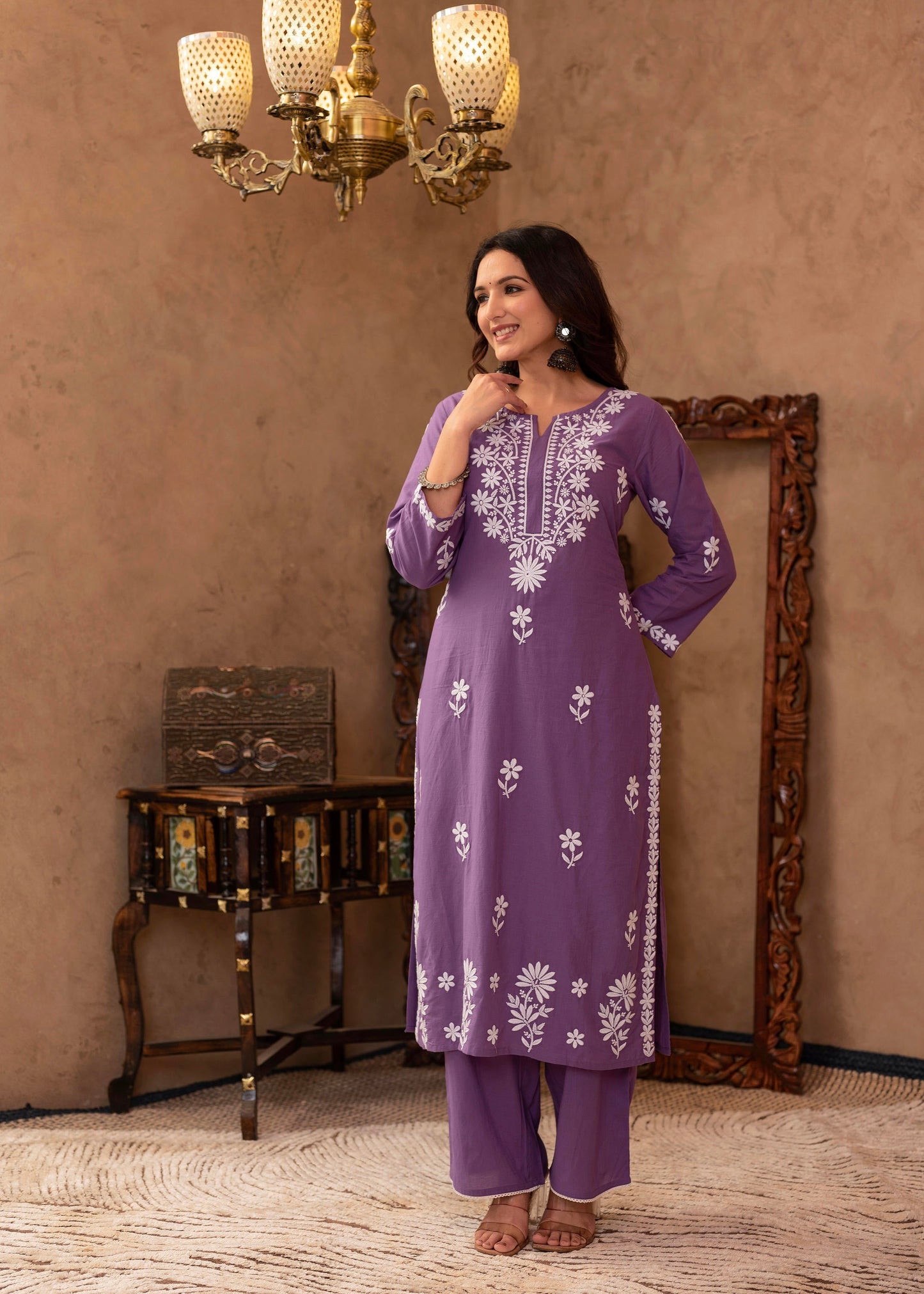 Juniper Purple Embroidered Cotton Kurta with Palazzo - Distacart