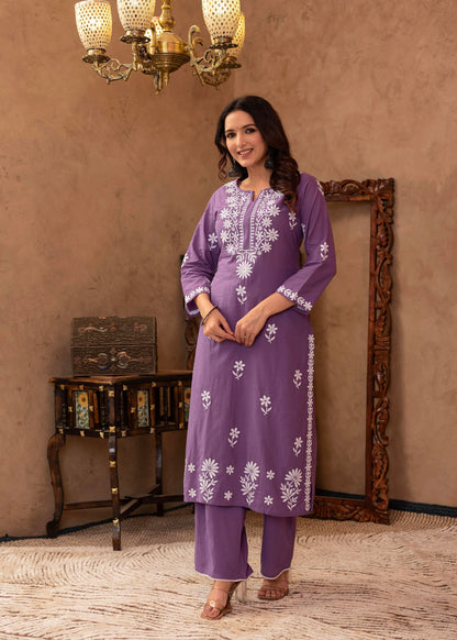 Juniper Purple Embroidered Cotton Kurta with Palazzo - Distacart