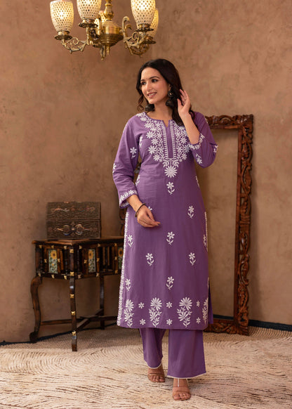 Juniper Purple Embroidered Cotton Kurta with Palazzo - Distacart