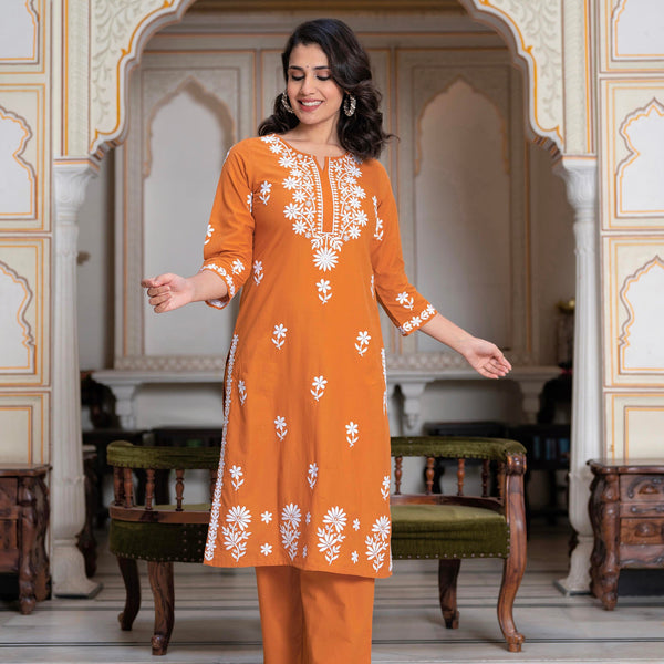 Juniper Rust Embroidered Cotton Kurta with Palazzo - Distacart
