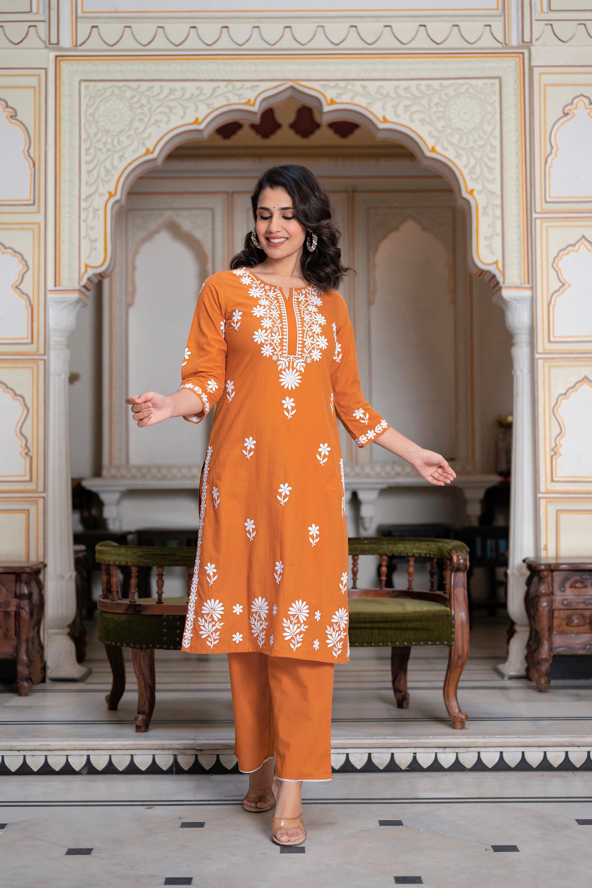 Juniper Rust Embroidered Cotton Kurta with Palazzo - Distacart