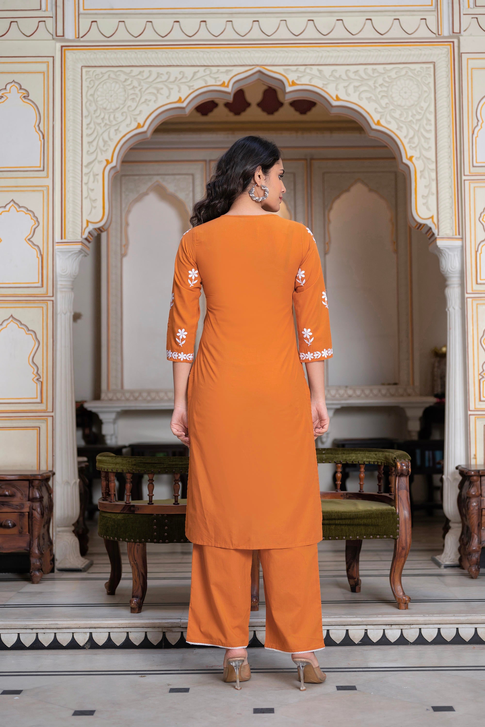 Juniper Rust Embroidered Cotton Kurta with Palazzo - Distacart