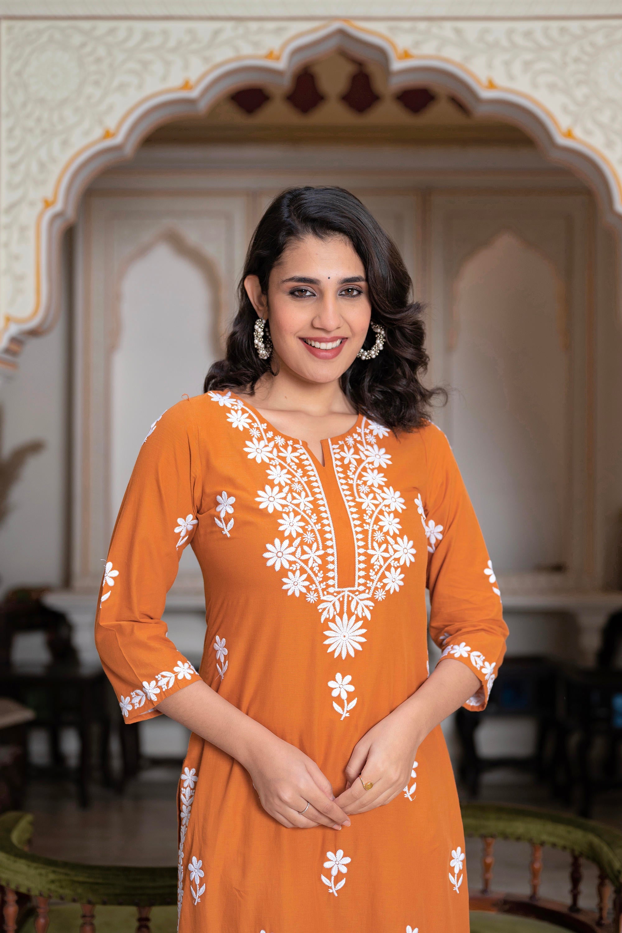 Juniper Rust Embroidered Cotton Kurta With Palazzo