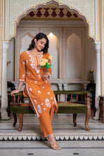 Thumbnail for Juniper Rust Embroidered Cotton Kurta With Palazzo