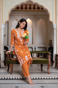 Thumbnail for Juniper Rust Embroidered Cotton Kurta with Palazzo