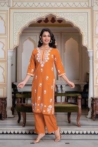 Thumbnail for Juniper Rust Embroidered Cotton Kurta with Palazzo