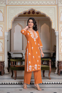 Thumbnail for Juniper Rust Embroidered Cotton Kurta with Palazzo