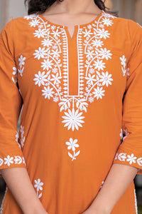 Thumbnail for Juniper Rust Embroidered Cotton Kurta with Palazzo