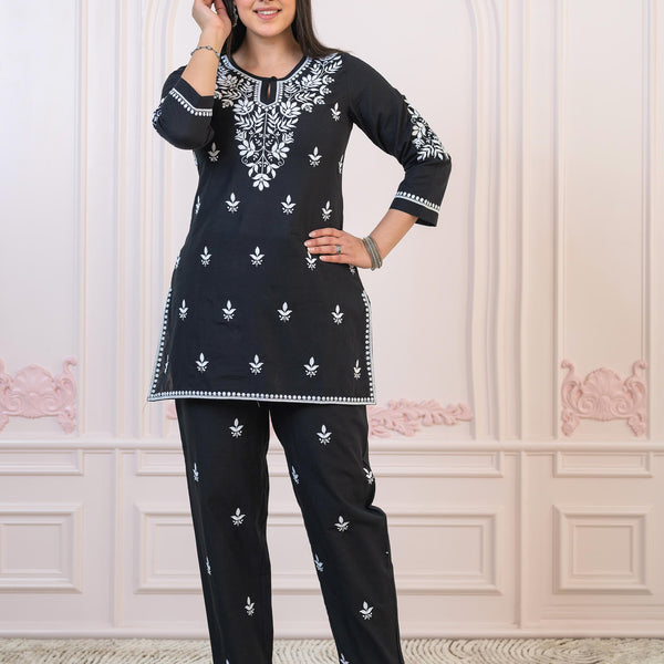 Juniper Black Cotton Embroidered Kurta-Pant Set with Thread Work & Buttons - Distacart