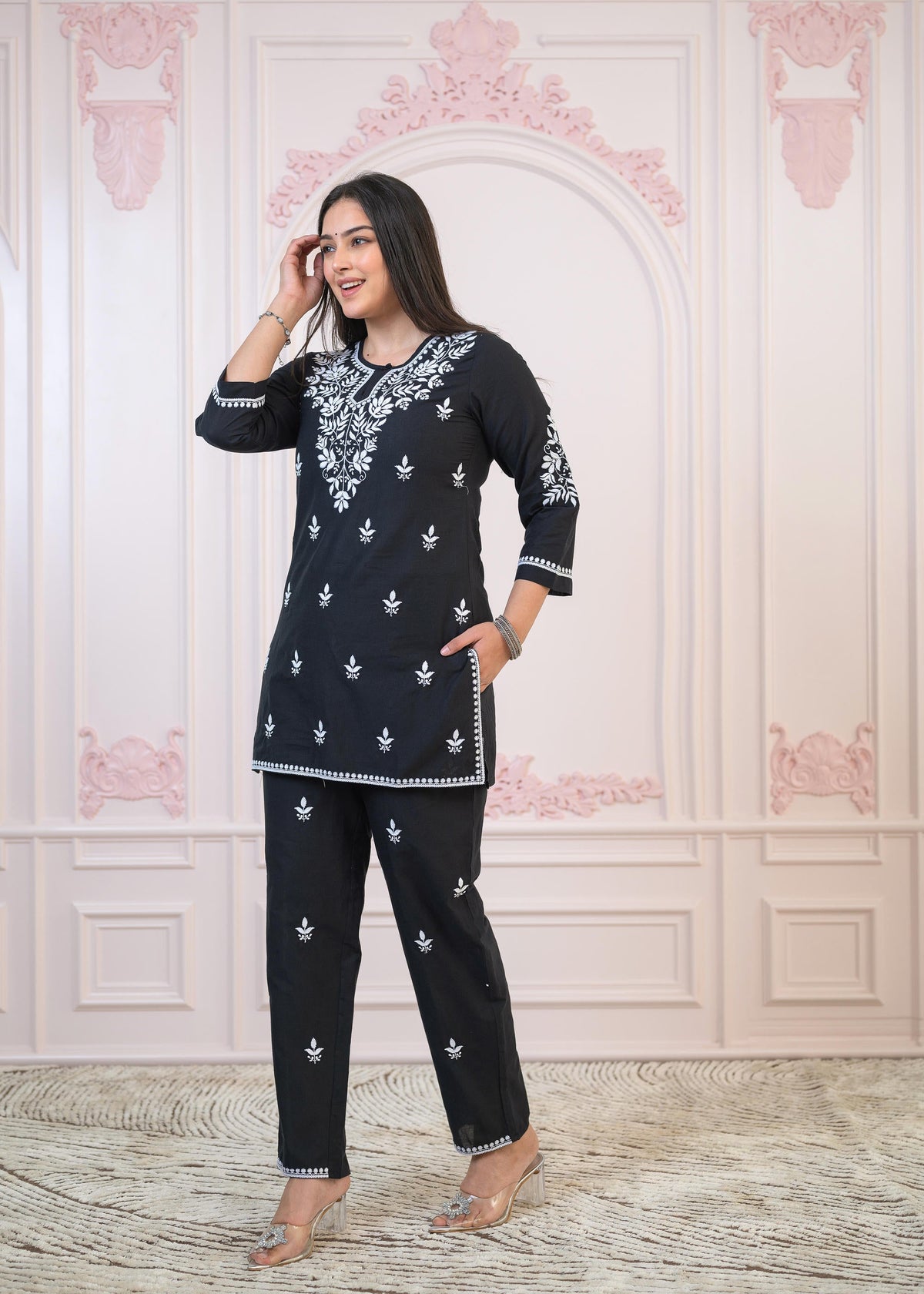 Juniper Black Cotton Embroidered Kurta-Pant Set with Thread Work & Buttons - Distacart