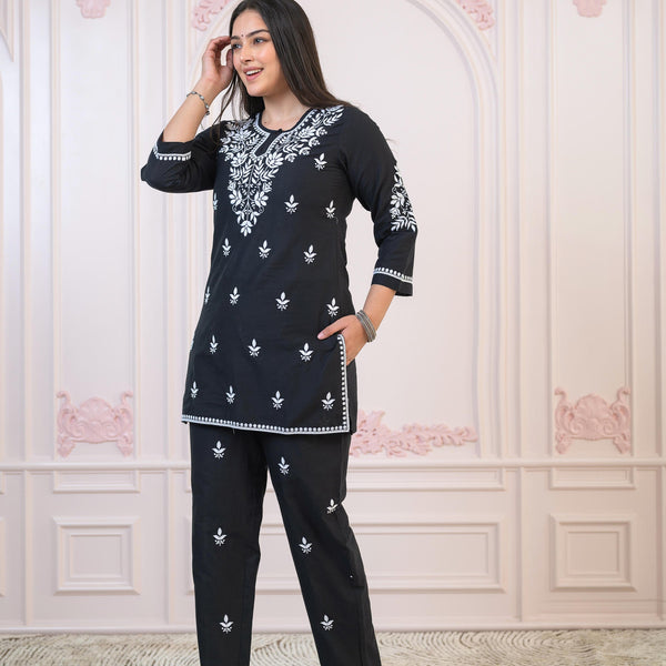 Juniper Black Cotton Embroidered Kurta-Pant Set With Thread Work & Buttons
