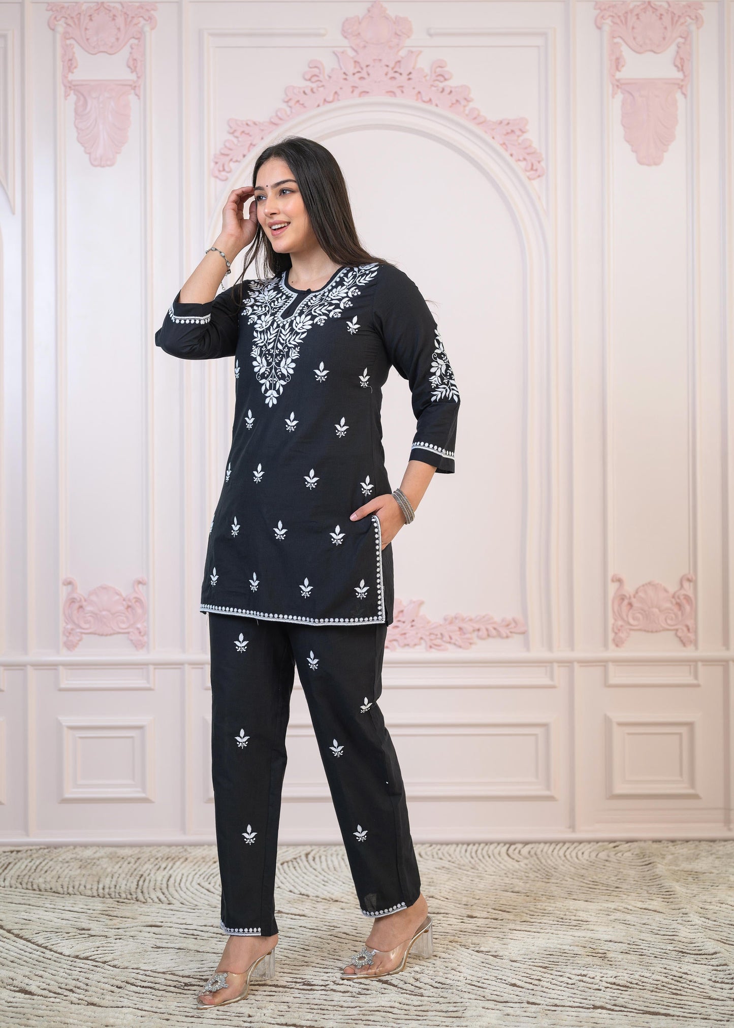 Juniper Black Cotton Embroidered Kurta-Pant Set With Thread Work & Buttons - Distacart