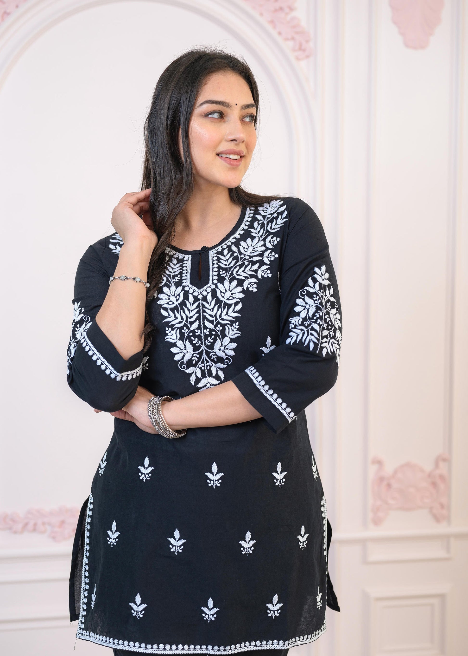Juniper Black Cotton Embroidered Kurta-Pant Set with Thread Work & Buttons - Distacart