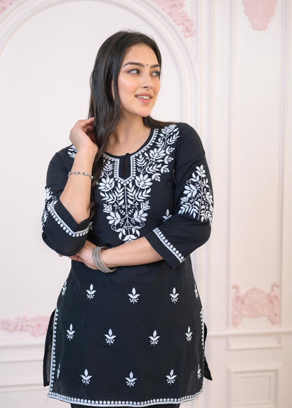 Juniper Black Cotton Embroidered Kurta-Pant Set With Thread Work & Buttons - Distacart