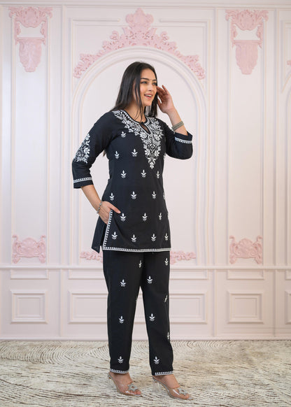 Juniper Black Cotton Embroidered Kurta-Pant Set with Thread Work & Buttons - Distacart