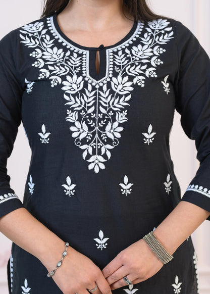 Juniper Black Cotton Embroidered Kurta-Pant Set with Thread Work & Buttons - Distacart