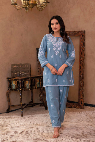 Juniper Blue Embroidered Cotton Slub Kurta with Pant & Button Details - Distacart