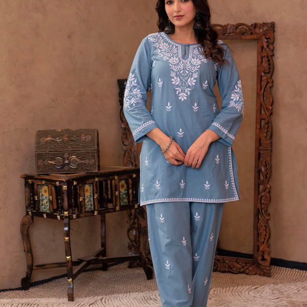 Juniper Blue Embroidered Cotton Slub Kurta With Pant & Button Details