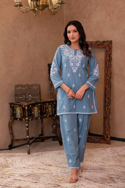 Juniper Blue Embroidered Cotton Slub Kurta With Pant & Button Details