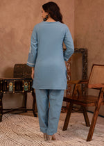 Thumbnail for Juniper Blue Embroidered Cotton Slub Kurta With Pant & Button Details