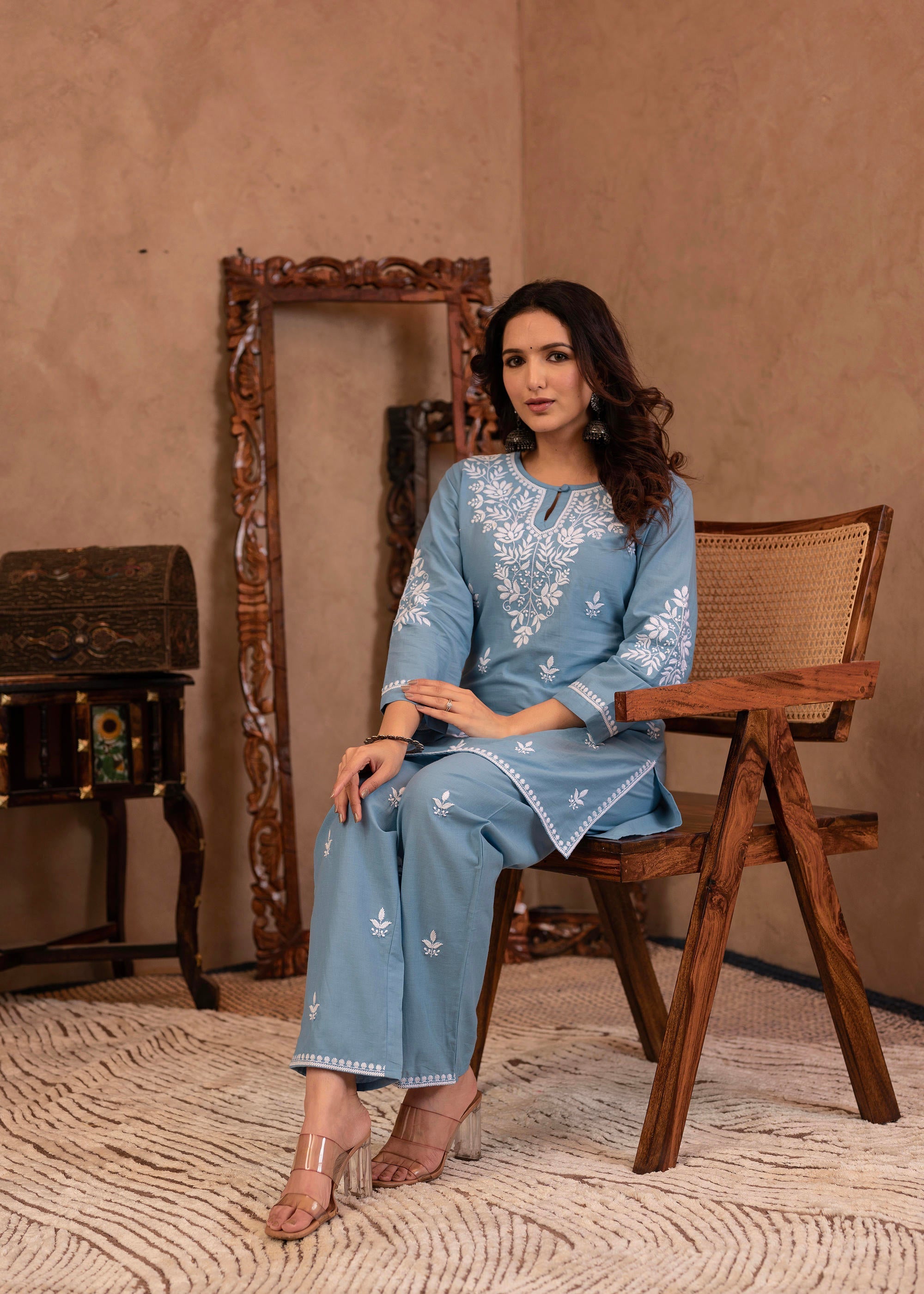 Juniper Blue Embroidered Cotton Slub Kurta With Pant & Button Details