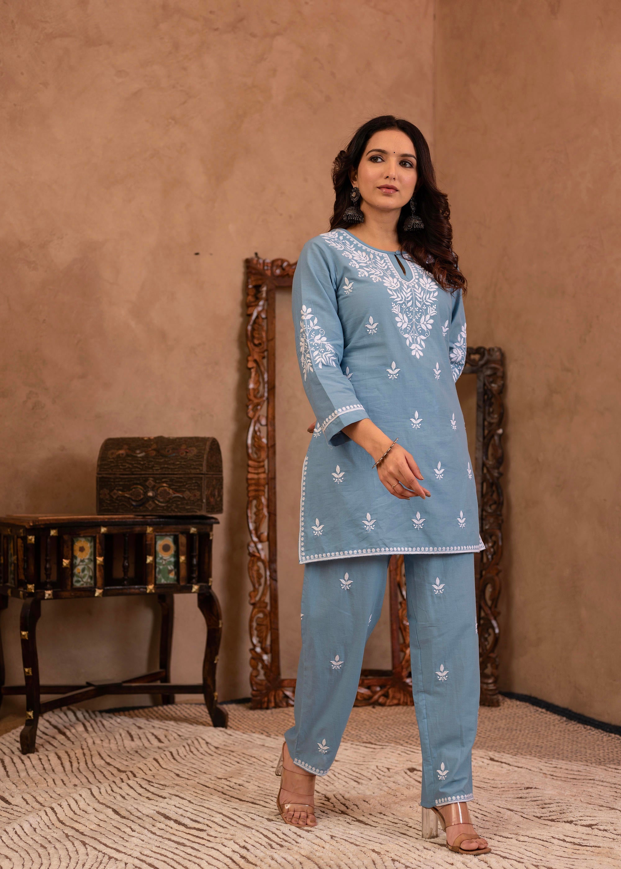 Juniper Blue Embroidered Cotton Slub Kurta With Pant & Button Details