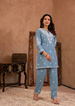 Thumbnail for Juniper Blue Embroidered Cotton Slub Kurta With Pant & Button Details