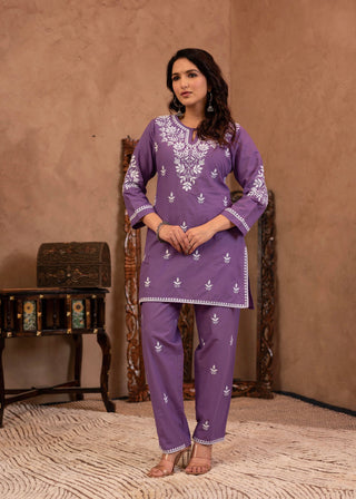 Juniper Purple Embroidered Cotton Kurta with Pant - Distacart
