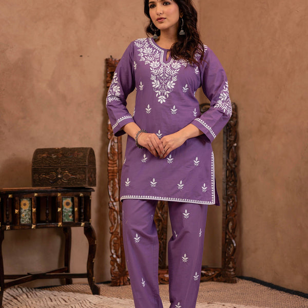 Juniper Purple Embroidered Cotton Kurta With Pant