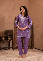 Thumbnail for Juniper Purple Embroidered Cotton Kurta With Pant