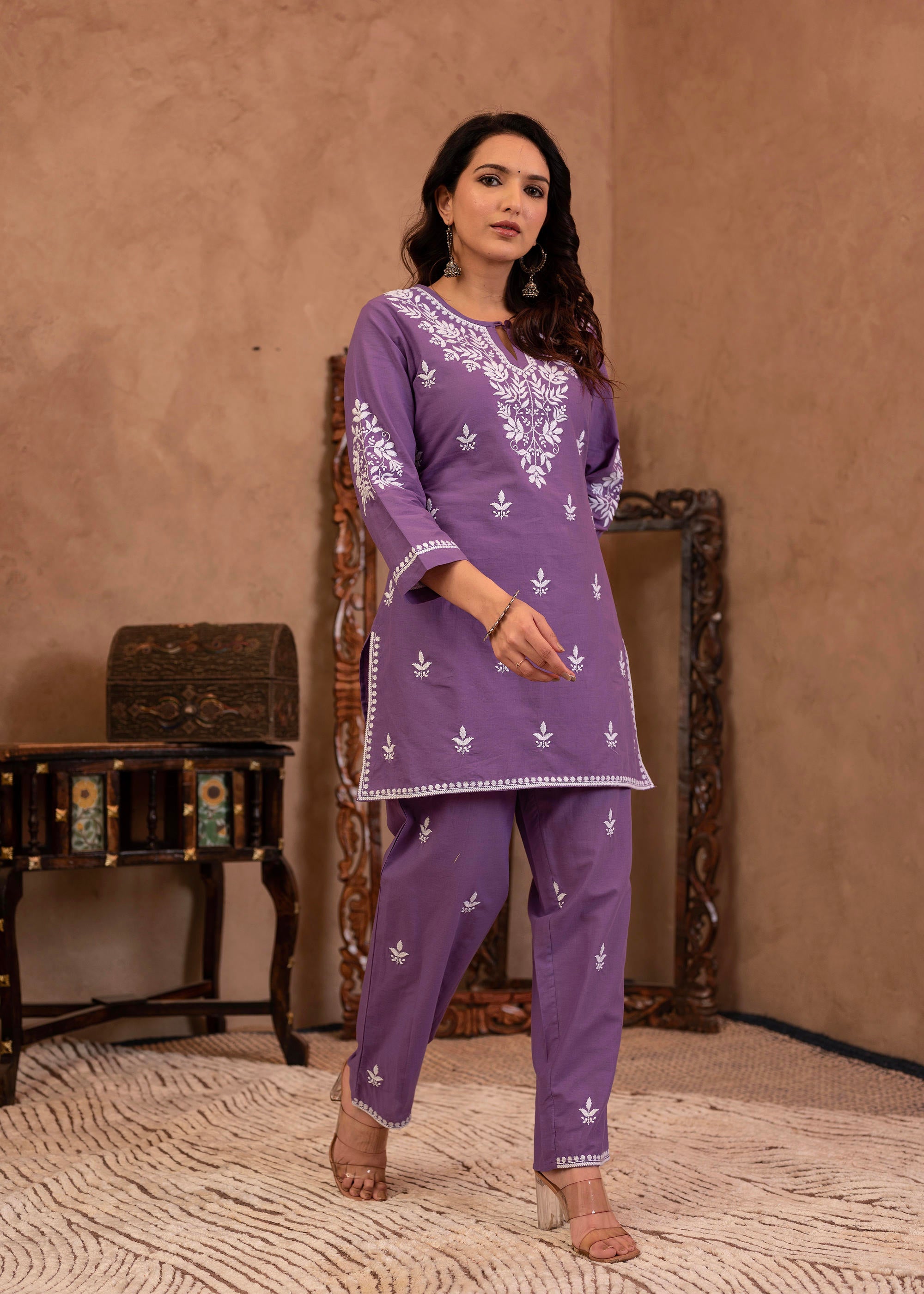 Juniper Purple Embroidered Cotton Kurta With Pant - Distacart