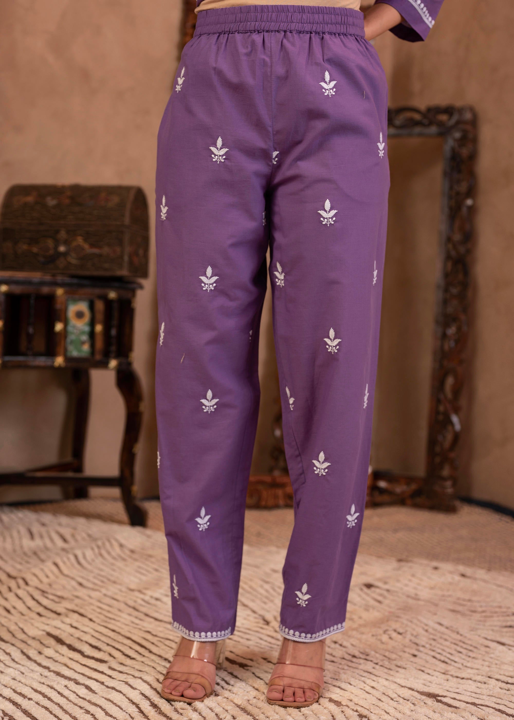 Juniper Purple Embroidered Cotton Kurta With Pant - Distacart