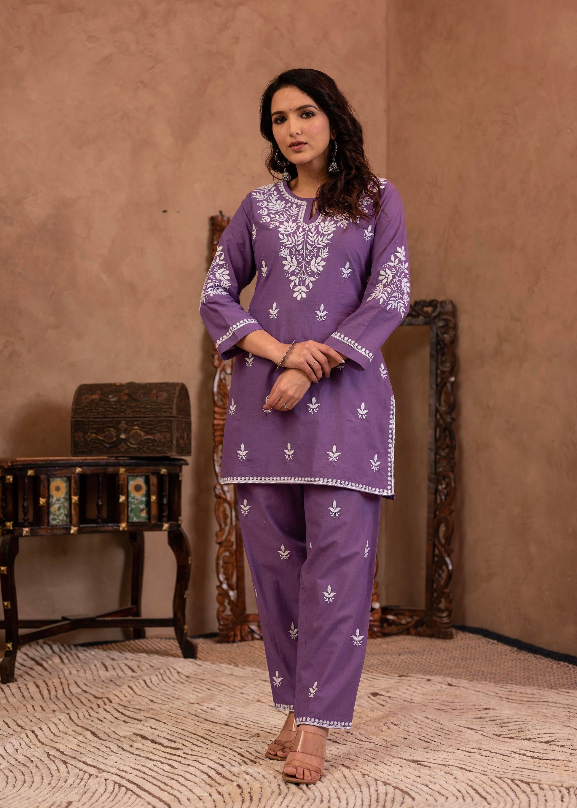 Juniper Purple Embroidered Cotton Kurta With Pant - Distacart