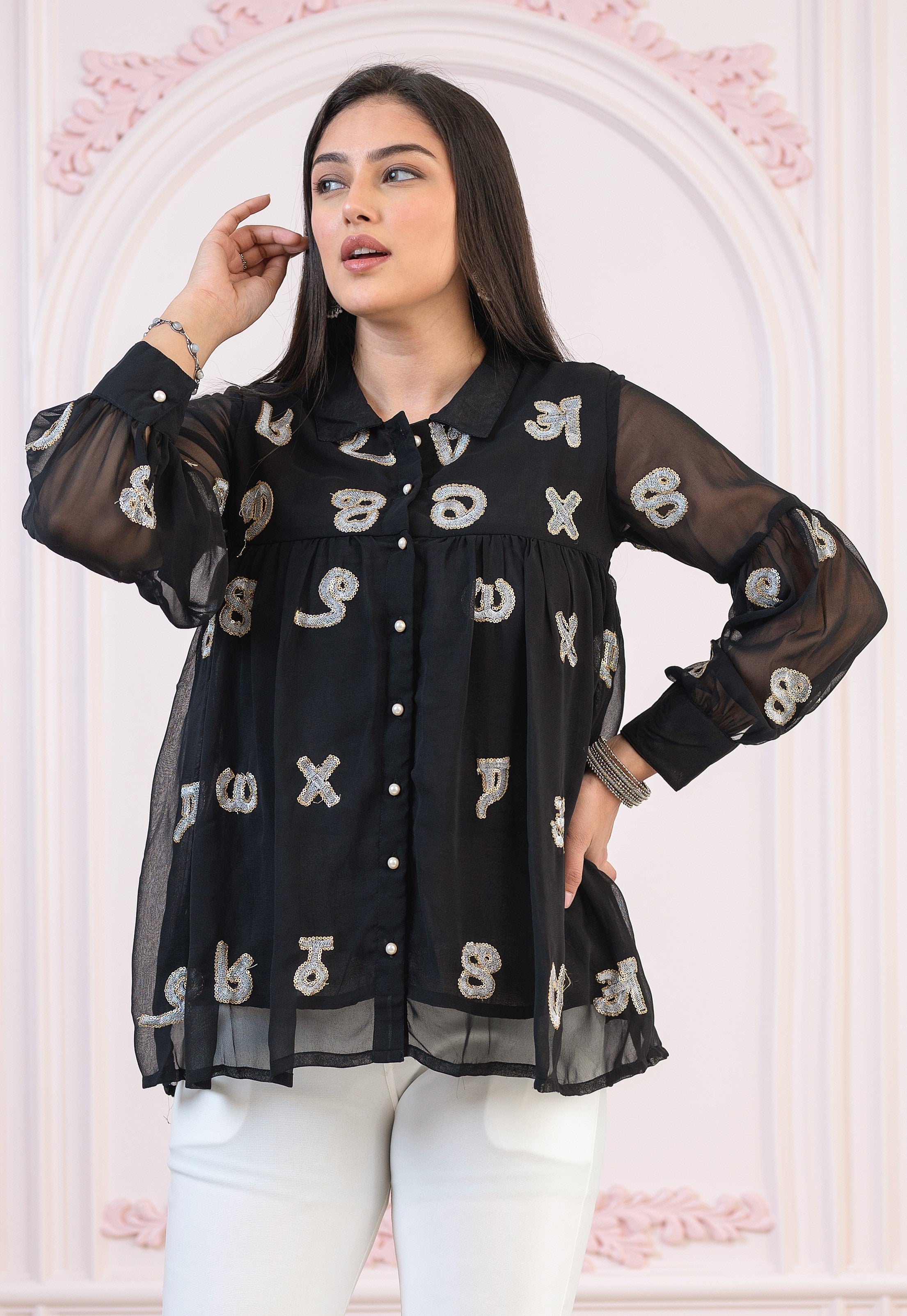 Juniper Black embroiderd and sequince tunic with buttons - Distacart