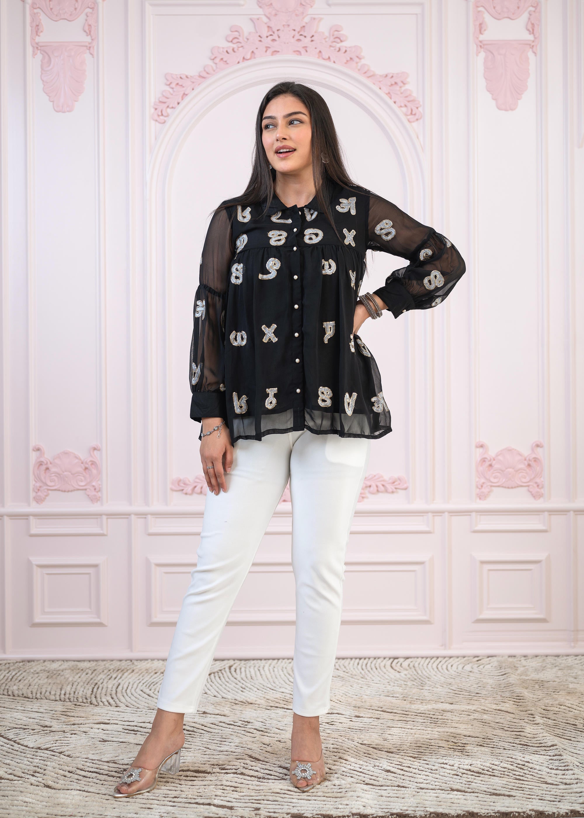 Juniper Black embroiderd and sequince tunic with buttons - Distacart