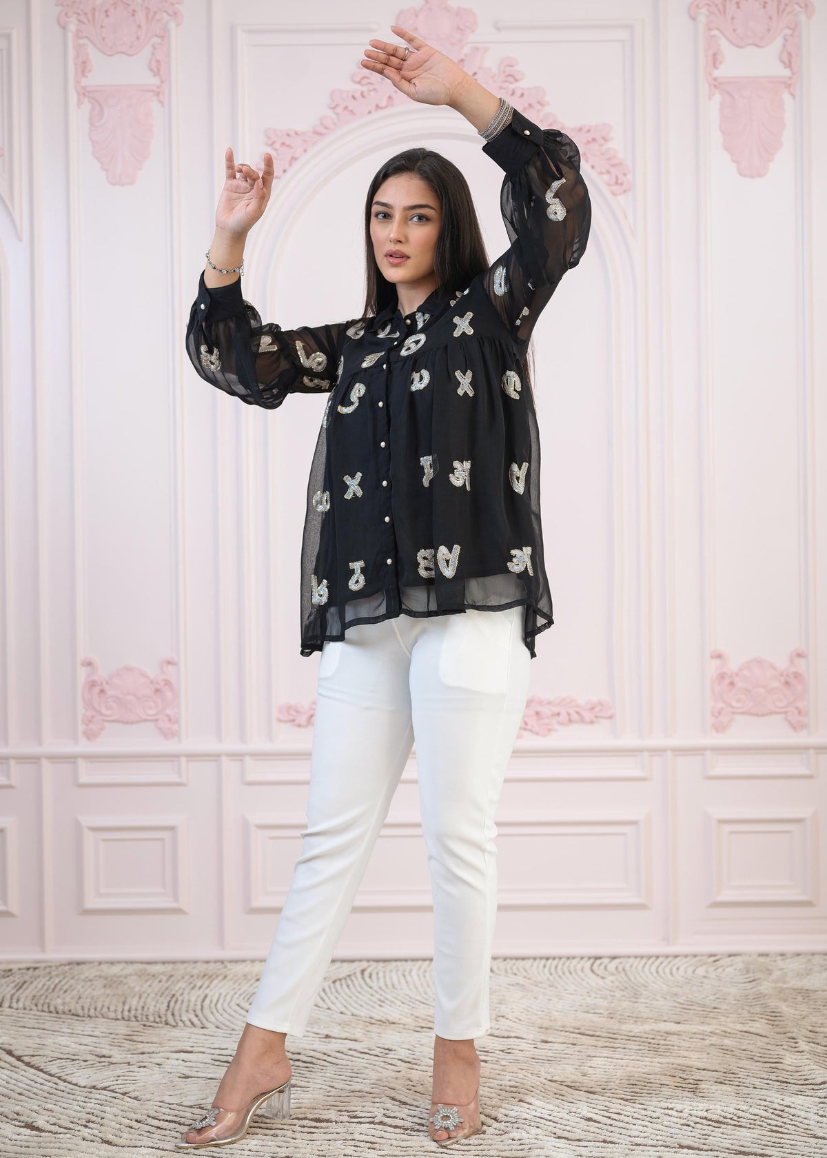 Juniper Black embroiderd and sequince tunic with buttons - Distacart